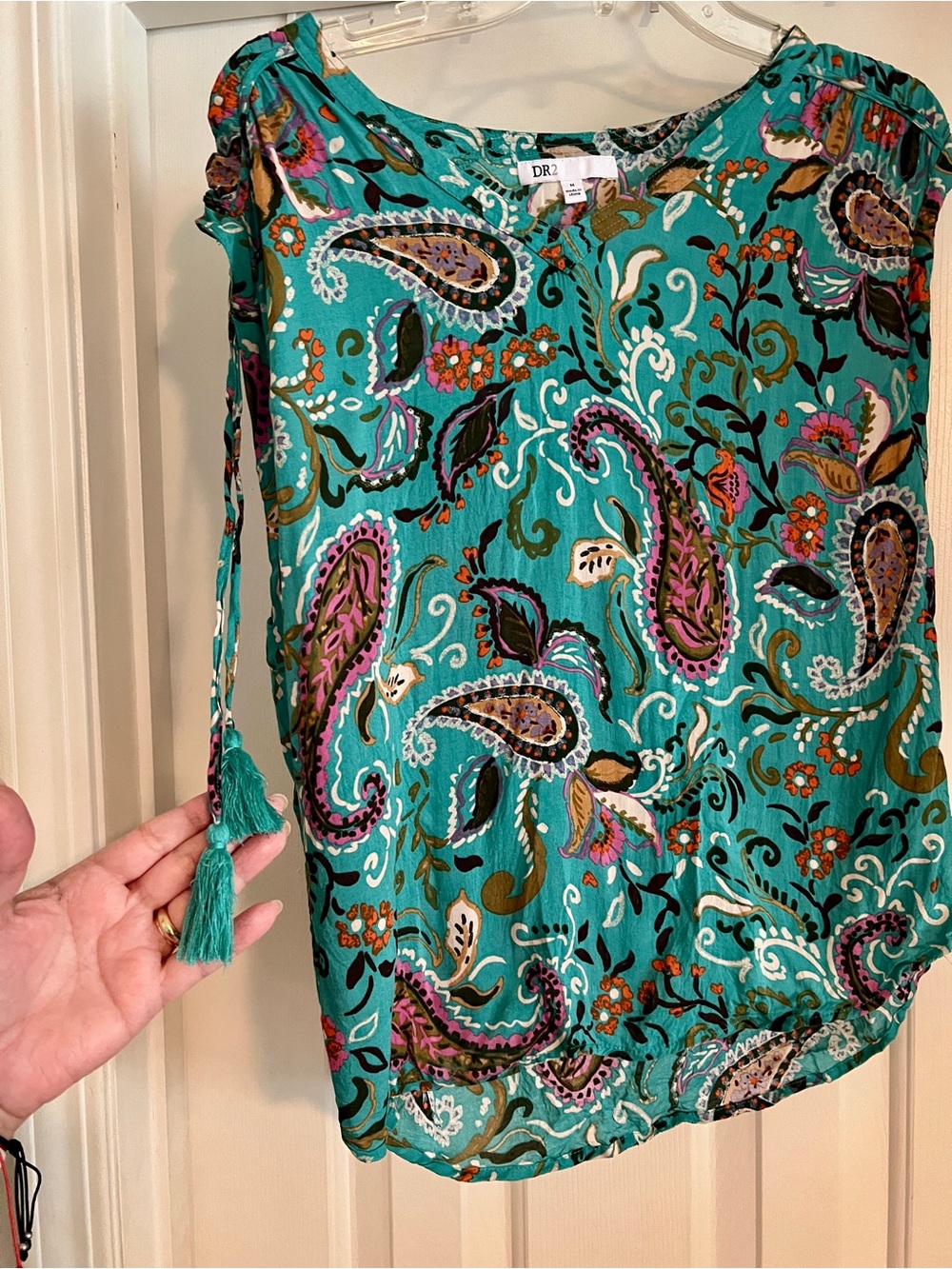 DR2 by Daniel Rainn Paisley Boho Top Size M Turquoise Side Tassels